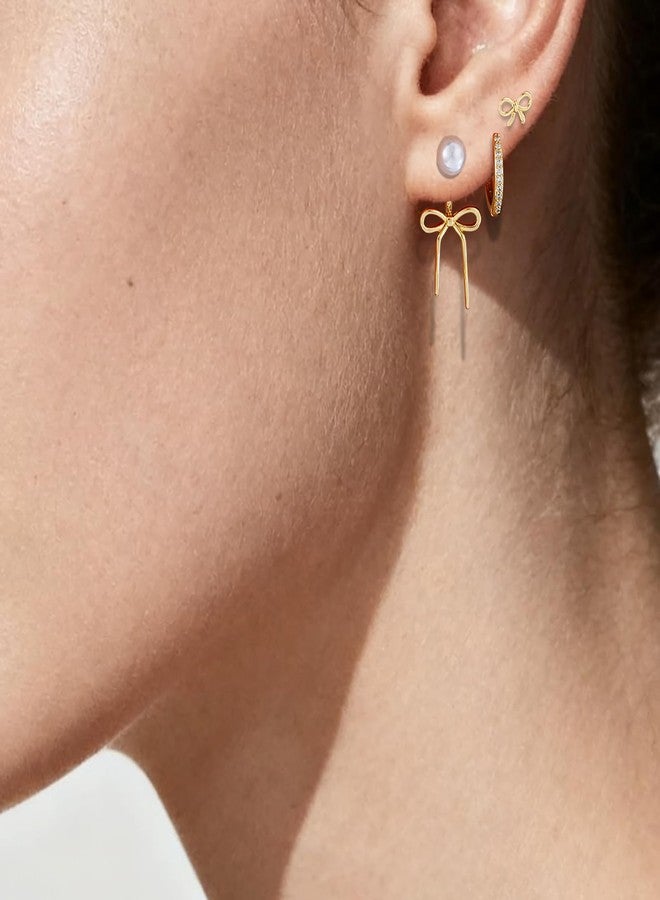 TACBSP Gold Bow Earrings Set for Women Dainty Pearl Bow Huggie Earrings Ribbon Bowknot Hoop Earrings Christmas Prom Jewelry Gifts (A.) - Image 3